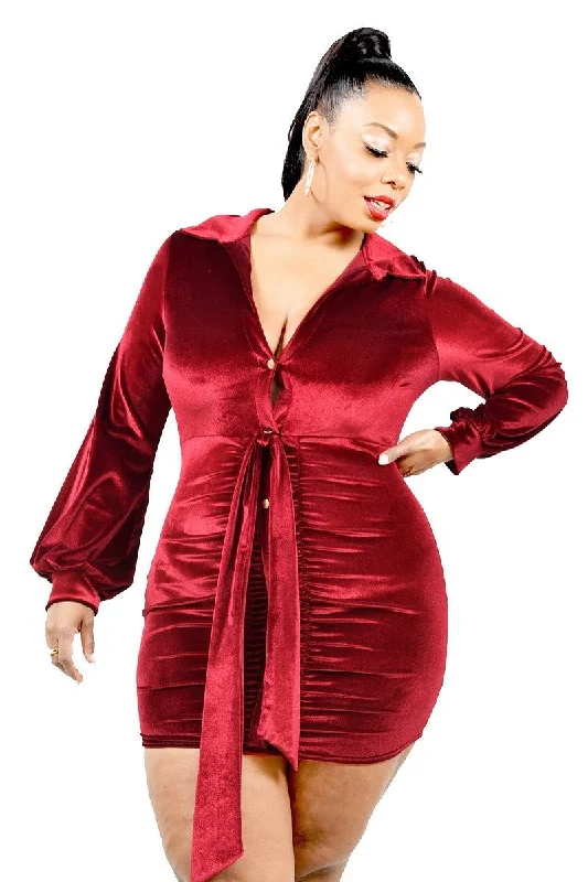 Plus Brick Red Velvet Balloon Sleeve Mini Dress Comfortable Wrap Mini Dress