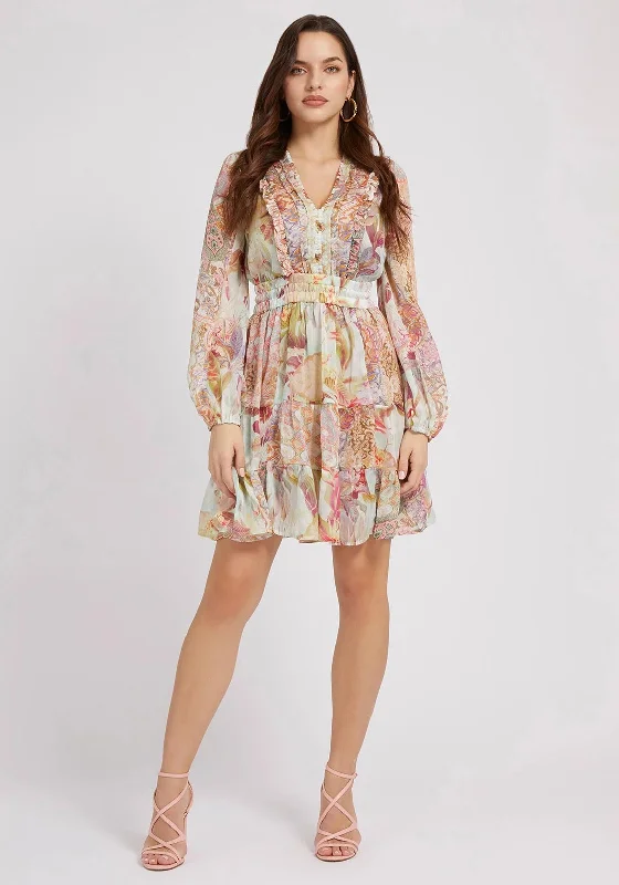 Guess Womens Tiered Mini Dress, Floral Fantasy Casual Button-Up Mini Dress