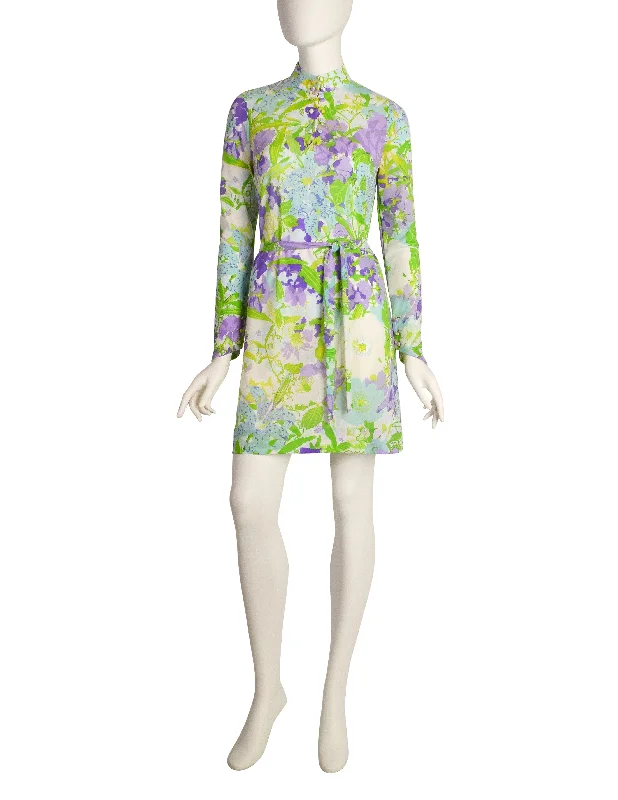 Ken Scott Vintage 1967 Poggio Imperiale Purple Green Floral Print Mini Dress Elegant Sequin Mini Dress