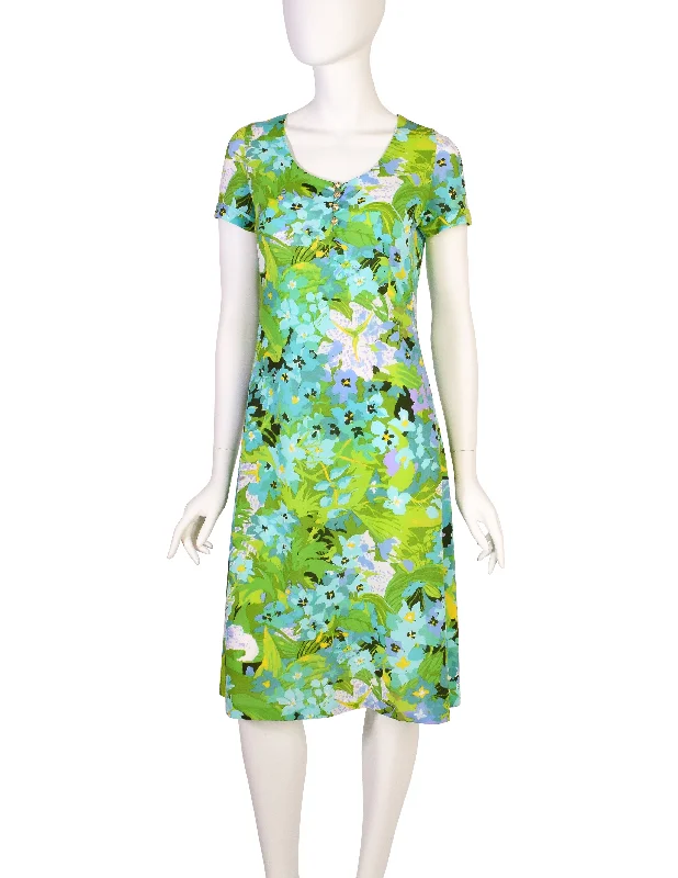 Ken Scott Vintage 1970s Vibrant Green Floral Print Mini Dress Elegant Satin Lace Mini Dress