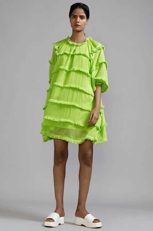 Neon Green Mul Mini Dress Chic Puff Sleeve Mini Dress