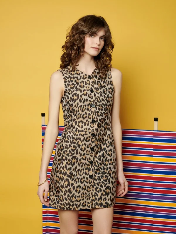 <b> Ghospell </b> Patty Leopard Mini Dress Trendy Mini Dress with Belt