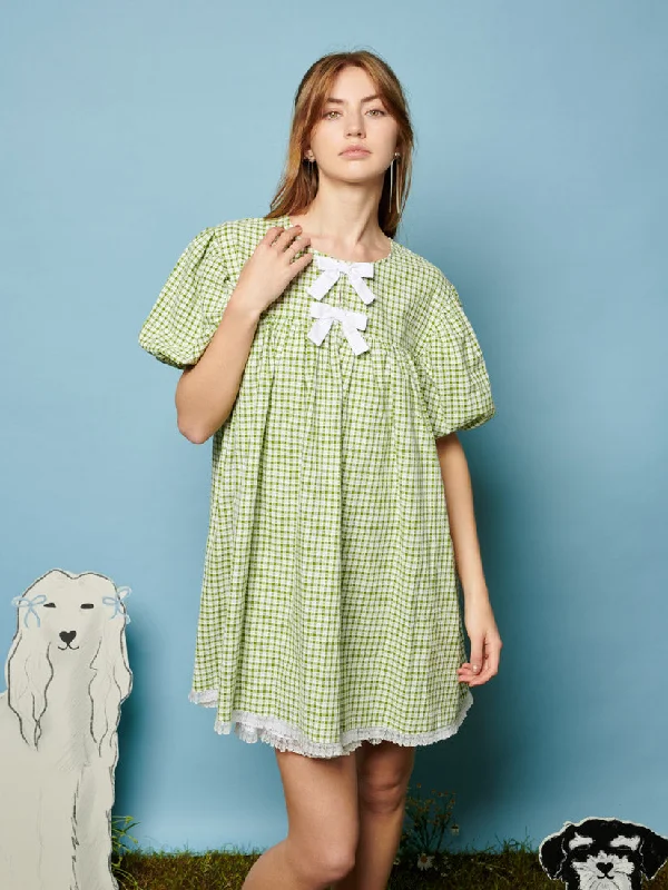 Pet Gingham Mini Dress Trendy Off-Shoulder Dress Mini