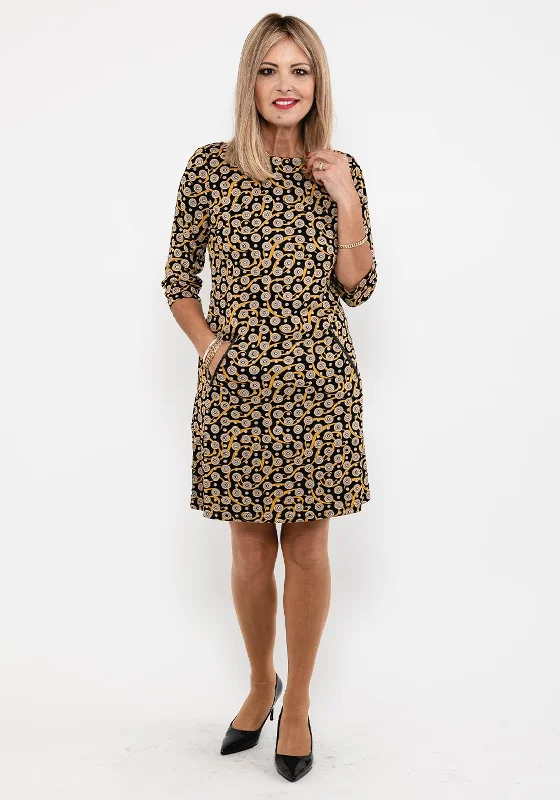 Seventy1 Circle & Swirl Print Mini Dress, Black & Yellow Stylish Sweetheart Mini Dress