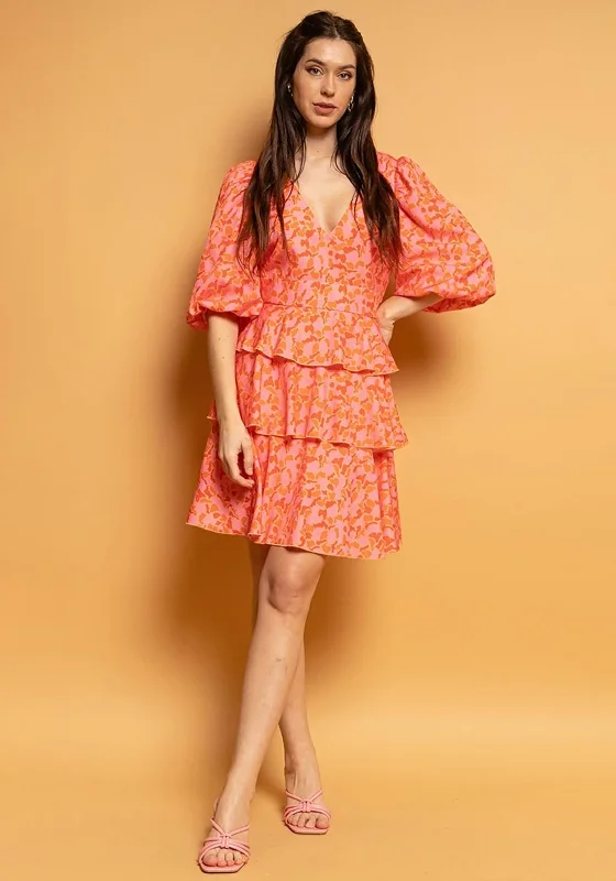 Seventy1 Bishop Sleeve Tiered Mini Dress, Orange & Pink Stylish Short Sleeve Mini Dress