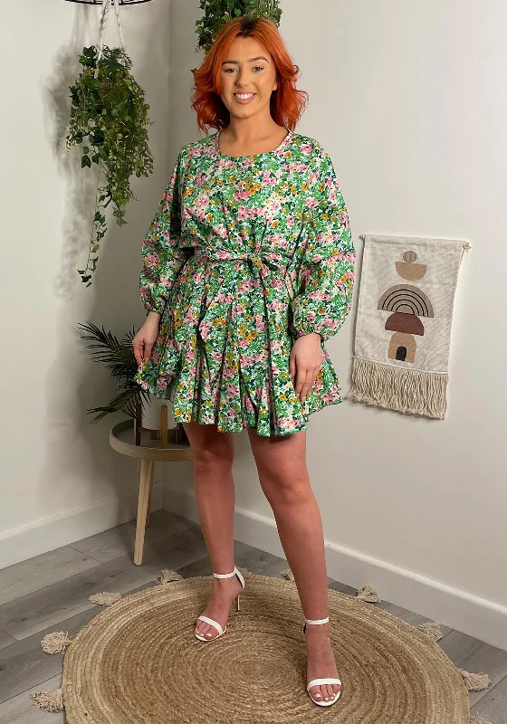 Seventy1 One Size Floral Batwing Sleeve Mini Dress, Green Comfortable Fit-and-Flare Mini Dress