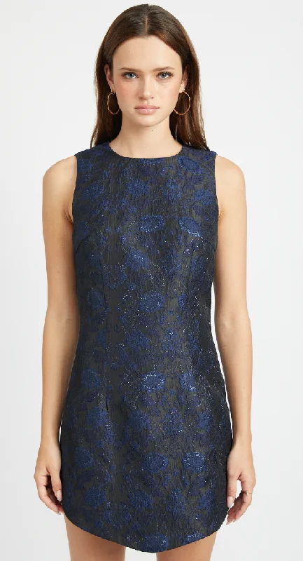 The Blue and Black Jacquard Mini Dress by En Saison Comfortable One-Shoulder Mini Dress