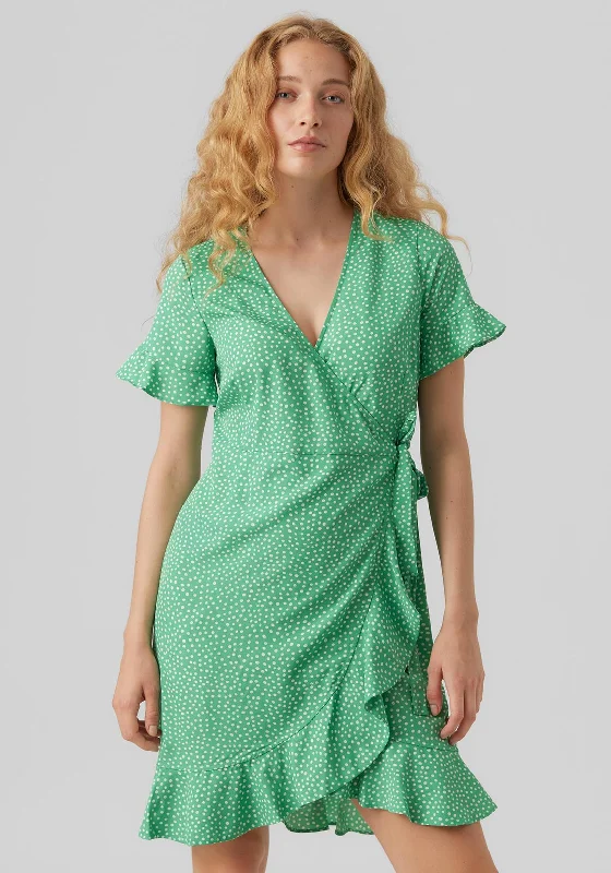 Vero Moda Polka Dot Wrap Mini Dress, Bright Green Fashionable A-Line Mini Dress