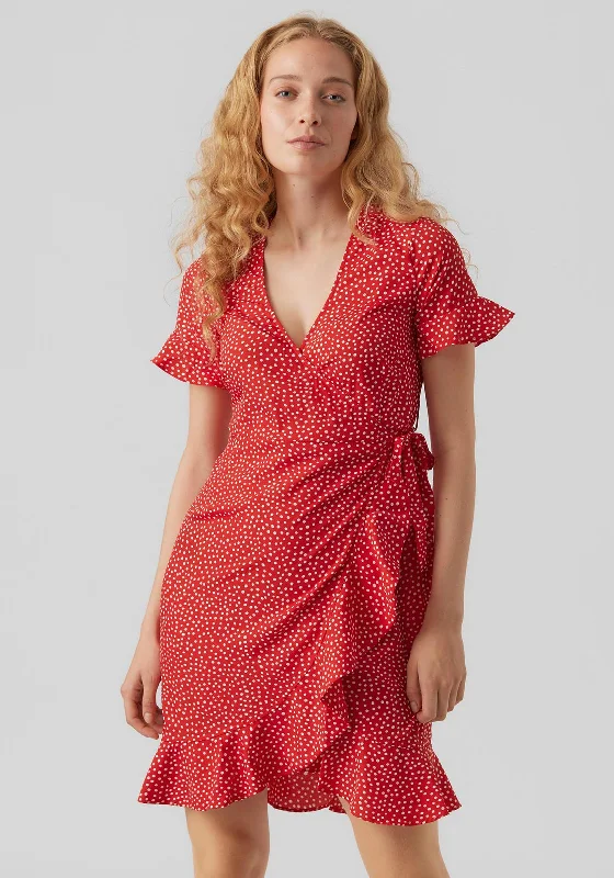 Vero Moda Polka Dot Wrap Mini Dress, Goji Berry Comfortable Casual Mini Dress