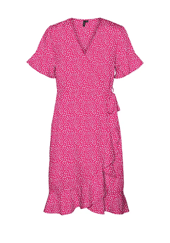 Vero Moda Polka Dot Wrap Mini Dress, Pink Yarrow Trendy Bodycon Mini Dress