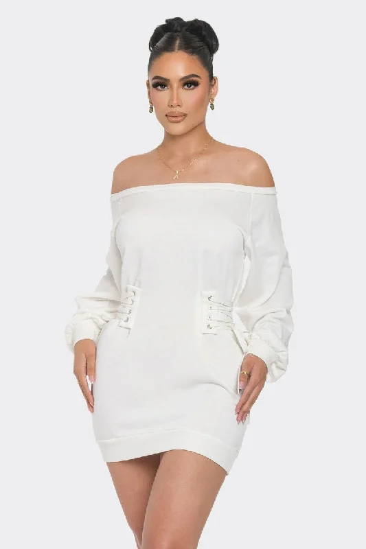 White Lace-Up Off the Shoulder Mini Dress Cozy Ribbed Mini Dress