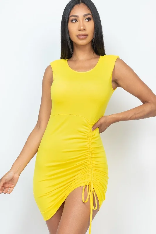 Yellow Drawstring Ruched Mini Dress Comfortable Off-Shoulder Mini Dress