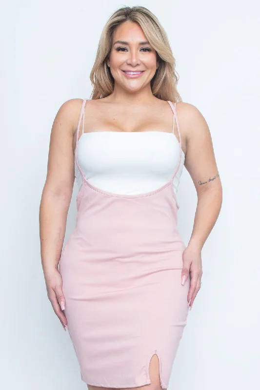 Plus Size Spaghetti Strap Suspender Midi Dress with Thigh Slit in Pink (ZA3663) Cozy Ribbed Knit Midi Dress Plus Size Spaghetti Strap Suspender Midi Dress with Thigh Slit in Pink (ZA3663) Cozy Ribbed Knit Midi Dress