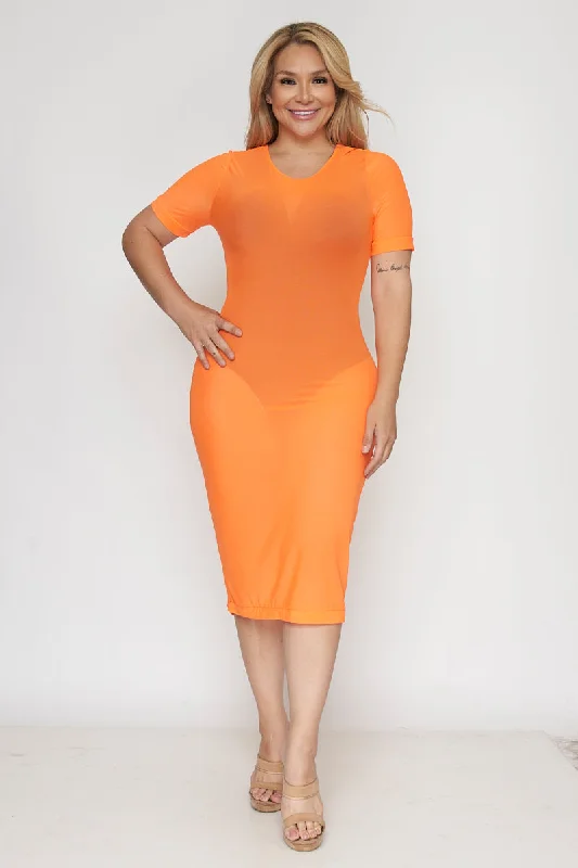 Plus Size See-Trough Short Sleeve Midi Dress in Neon "Undershirt Not Included" (D1044) Stylish Cold Shoulder Midi Dress Plus Size See-Trough Short Sleeve Midi Dress in Neon "Undershirt Not Included" (D1044) Stylish Cold Shoulder Midi Dress