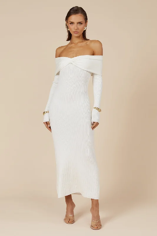 AIRILIE MIDI DRESS - WHITE Elegant Floral Appliqué Midi Dress