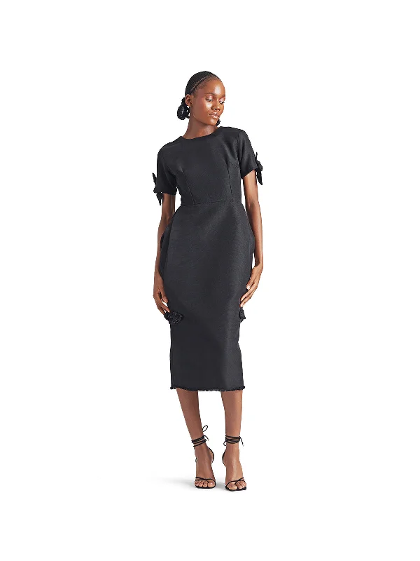 Akwete Midi Dress with Bows Elegant V-Neck Midi Dress