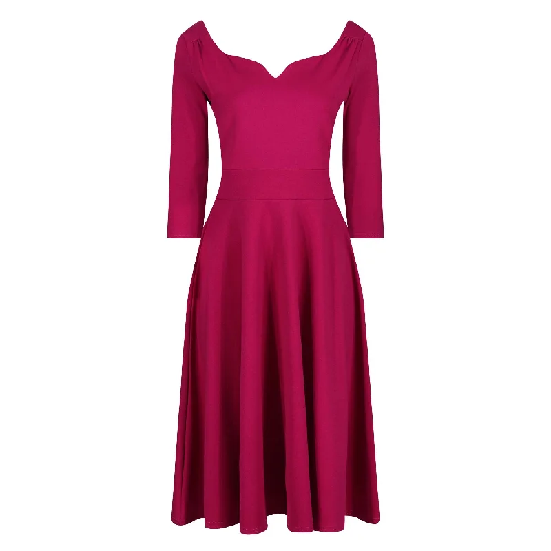 Magenta Diamond Neckline 3/4 Sleeve Vintage Swing Midi Dress Trendy Ruffle Hem Midi Dress Magenta Diamond Neckline 3/4 Sleeve Vintage Swing Midi Dress Trendy Ruffle Hem Midi Dress