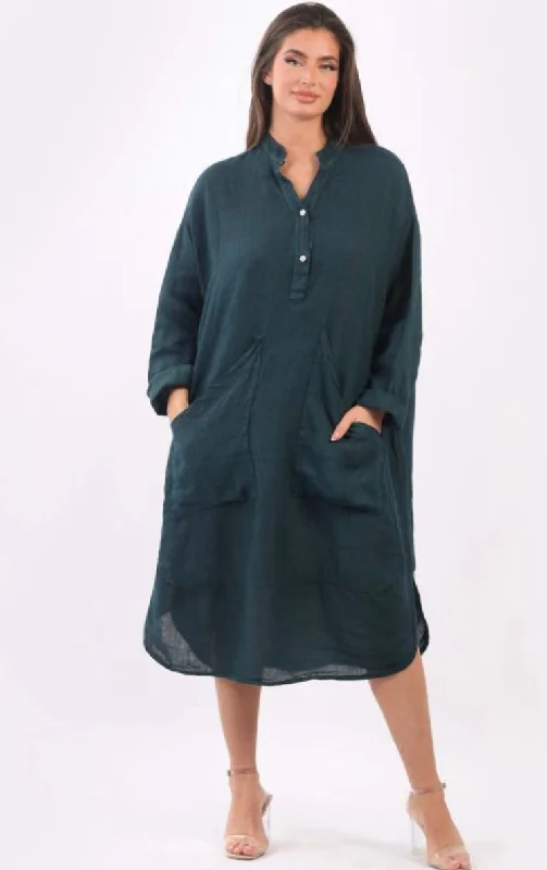 Anne + Kate Italian Pisa Linen Front Pockets Midi Dress Stylish Midi Dress with Cuffs