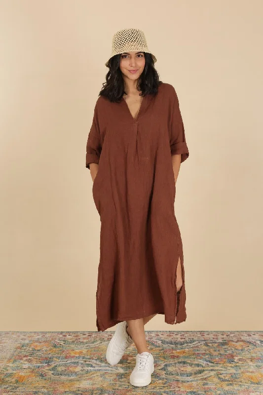 Anne + Kate Italian Ragusa Linen Midi Dress Fashionable Sheer Sleeve Midi Dress