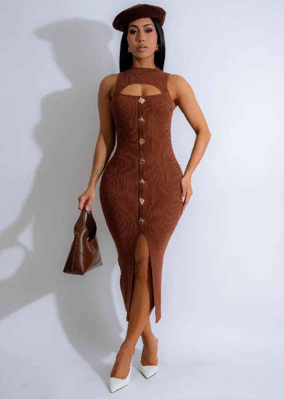 Aria Keyhole Knit Ribbed Midi Dress Brown Elegant Faux Wrap Midi Dress