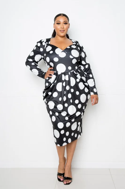 Plus Black Polka Dot Ruched Waist Midi Dress Cozy T-shirt Midi Dress