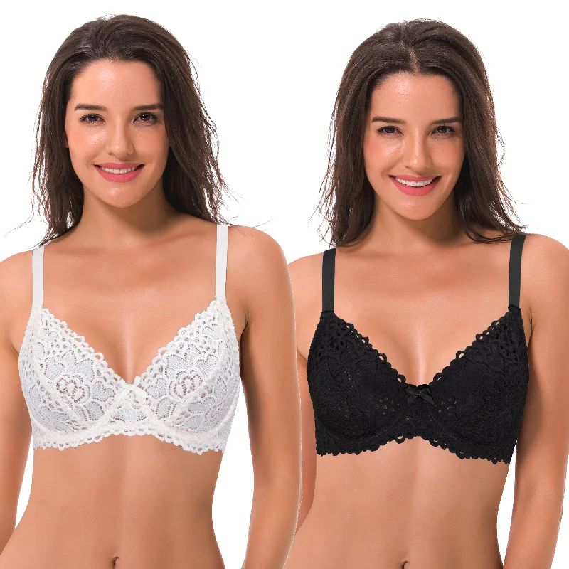 Semi-Sheer Balconette Underwire Lace Bra and Scalloped Hems Versatile Bralette Set