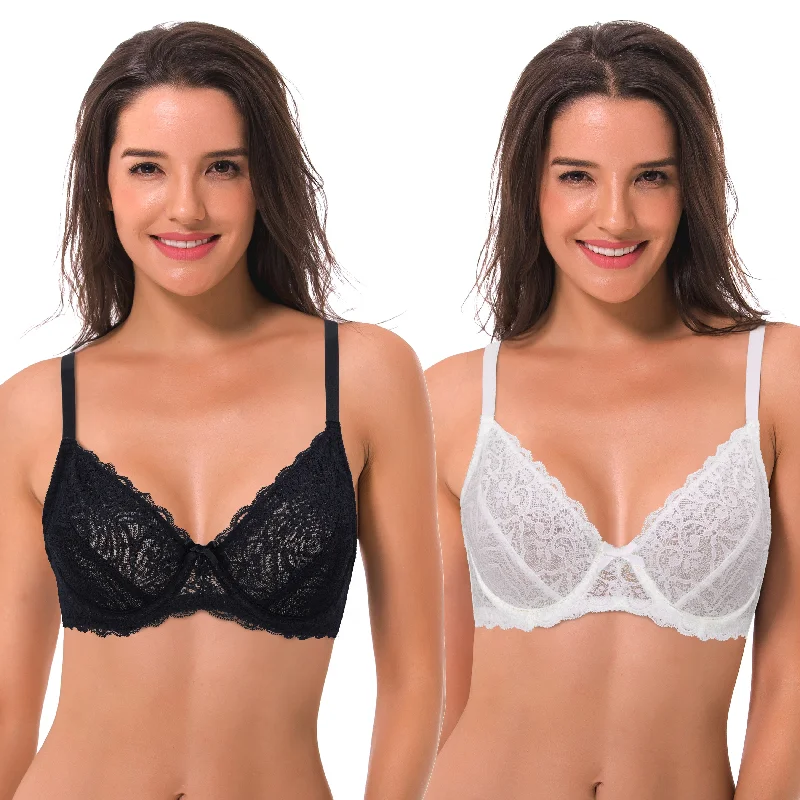 Semi-Sheer Balconette Underwire Lace Bra and Scalloped Hems Elegant Lace Lingerie