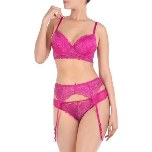Bra With Garter Belt & Thong-festival Fuchsia For Women Breathable Wireless Bra