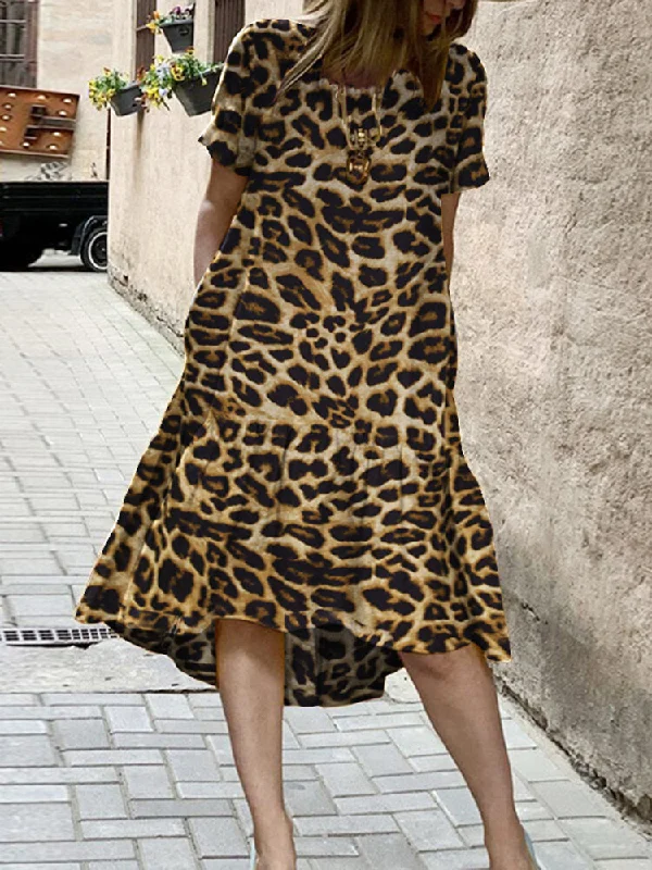 Casual Leopard Print Round Neck Loose Irregular Hem Pocket Women Midi Dress Comfortable Adjustable Strap Midi Dress Casual Leopard Print Round Neck Loose Irregular Hem Pocket Women Midi Dress Comfortable Adjustable Strap Midi Dress