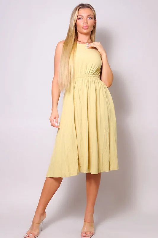 Pale Yellow Sleeveless Cutout Linen Midi Dress Elegant Lace Trim Midi Dress