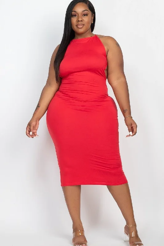 Plus Size Red Open Back Midi Dress Trendy Smocked Detail Midi Dress