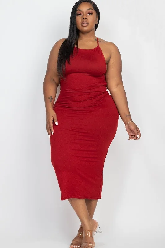 Plus Size Wine Open Back Midi Dress Stylish High-Waisted Midi Dress
