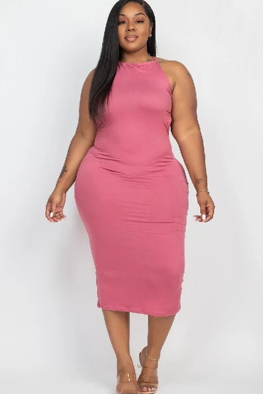 Plus Size Pale Magenta Open Back Midi Dress Comfortable Sleeveless Midi Dress