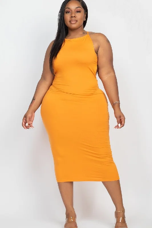 Plus Size Dark Mustard Open Back Midi Dress Fashionable Shift Midi Dress