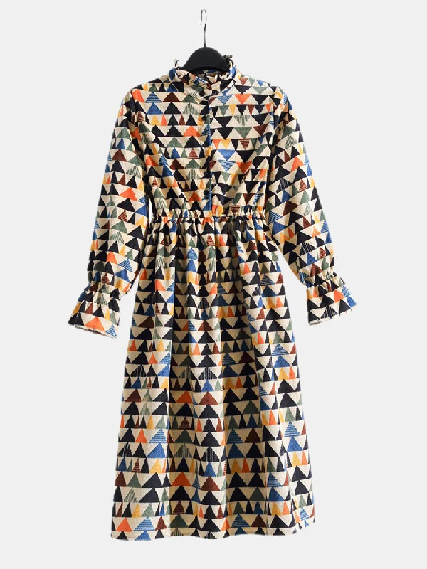 Colorful Geometric Print Ruffle Neck Elastic Waist Women Midi Dress Trendy Smocked Waist Midi Dress Colorful Geometric Print Ruffle Neck Elastic Waist Women Midi Dress Trendy Smocked Waist Midi Dress