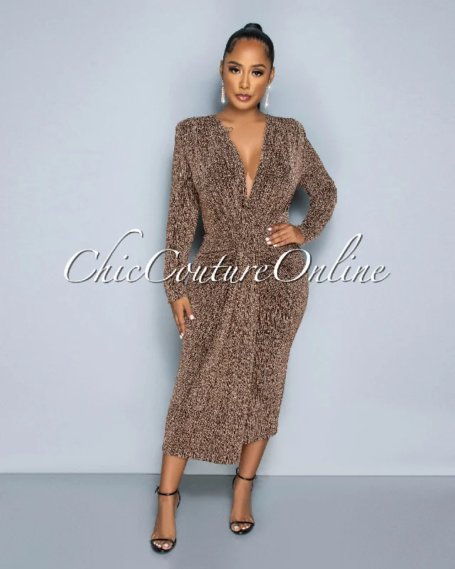 Contra Black Gold V-Neck Draped Shimmer Midi Dress Comfortable Adjustable Strap Midi Dress