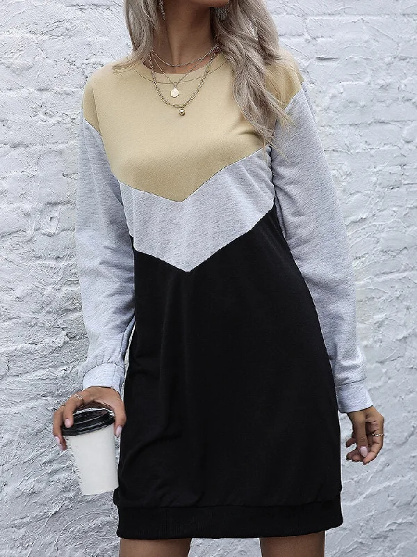 Contrast Color Patchwork Sporty Style Long Sleeve Casual Women Midi Dress Trendy Shift Midi Dress Contrast Color Patchwork Sporty Style Long Sleeve Casual Women Midi Dress Trendy Shift Midi Dress