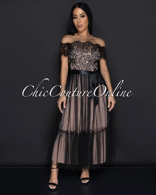 Cosetta Black Lace Nude Illusion Ribbon Midi Dress Fashionable Shift Midi Dress