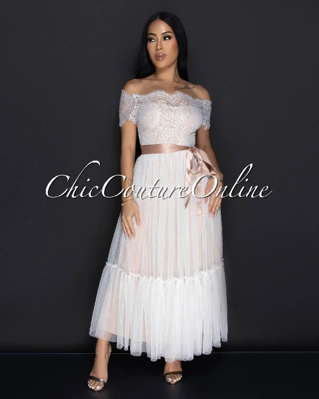 Cosetta White Lace Nude Illusion Ribbon Midi Dress Comfortable Fit-and-Flare Midi Dress Cosetta White Lace Nude Illusion Ribbon Midi Dress Comfortable Fit-and-Flare Midi Dress