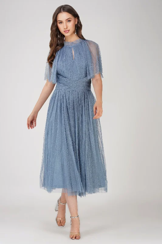 Cristiane Dusty Blue Tulle Midi Dress Trendy Flared Sleeve Midi Dress
