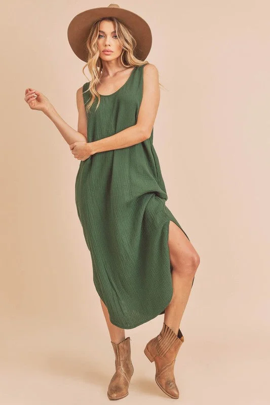 Daisy - Emerald Green Sleeveless Textured Tank Midi Dress Elegant Puff Sleeve Midi Dress Daisy - Emerald Green Sleeveless Textured Tank Midi Dress Elegant Puff Sleeve Midi Dress