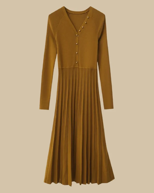 Everly V-Neck Knitted Midi Dress - Cotton Dress Trendy Square Neck Midi Dress