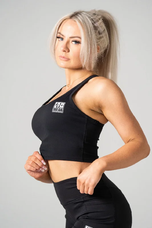 Flawless | Built In Bra Women's Gym Crop Singlet | Black Wireless Push-Up Bra