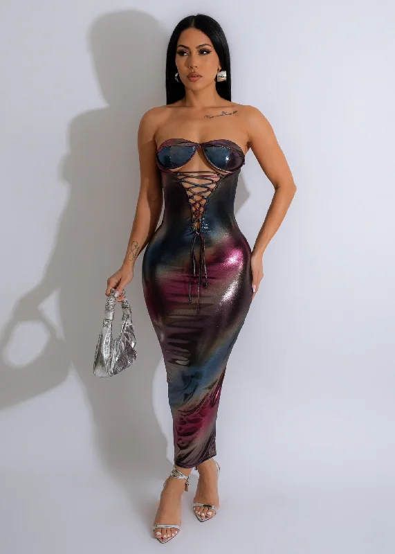 In The Middle Metallic Midi Dress Blue Fashionable High-Neck Midi Dress