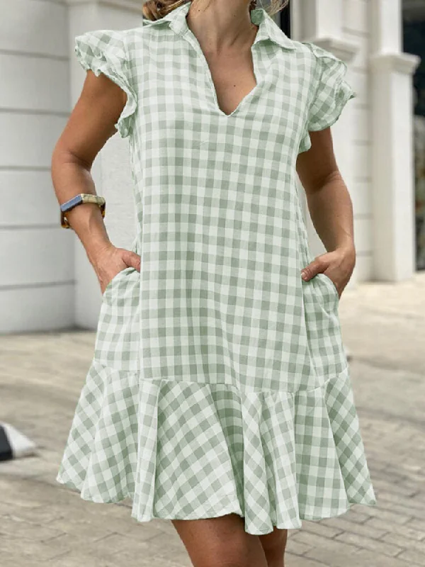 Lapel Plaid Ruffles Pocket Summer Checkered Women Midi Dress Stylish Animal Print Midi Dress Lapel Plaid Ruffles Pocket Summer Checkered Women Midi Dress Stylish Animal Print Midi Dress