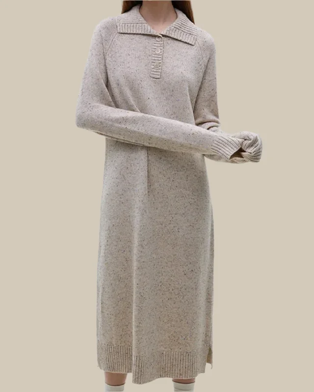 Lena Speckled Knit Polo Midi Dress Trendy Smocked Detail Midi Dress