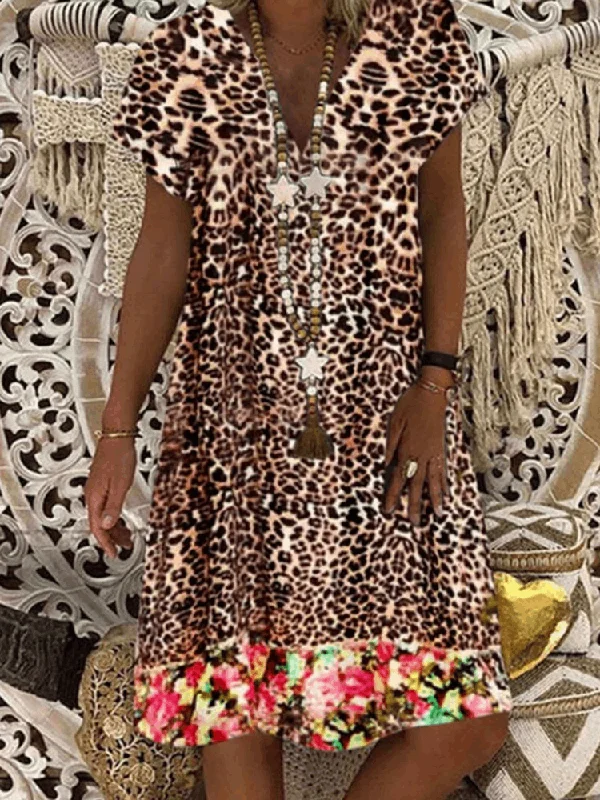 Leopard Floral Print V-neck Casual Short Sleeve Women Midi Dress Trendy Bodycon Midi Dress Leopard Floral Print V-neck Casual Short Sleeve Women Midi Dress Trendy Bodycon Midi Dress