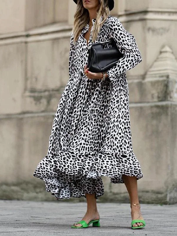 Leopard Printed Long Sleeve Casual Women Midi Dress Trendy Floral Wrap Midi Dress