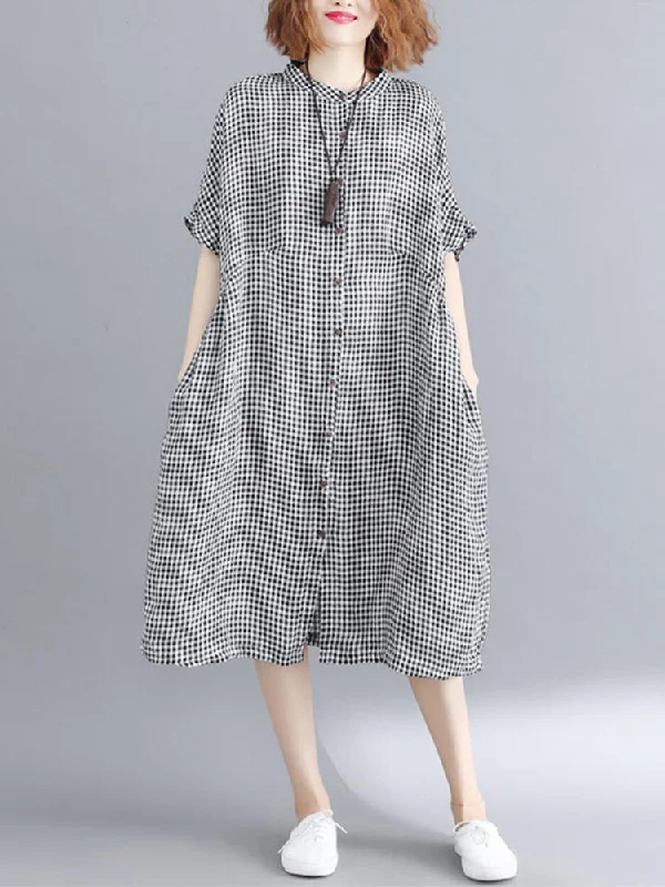 Loose Casual Short Sleeve Button Plaid Shirt Women Midi Dress Stylish Button-Up Midi Dress Loose Casual Short Sleeve Button Plaid Shirt Women Midi Dress Stylish Button-Up Midi Dress
