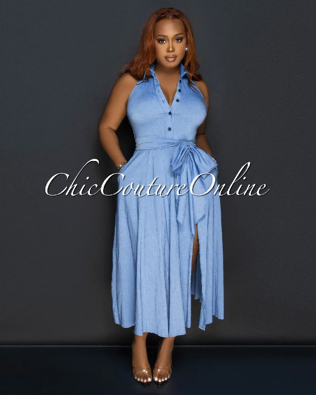 Louiza Blue Chambray Halter Midi Dress Fashionable Pleated Midi Dress